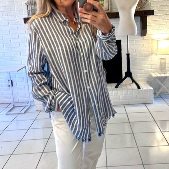 Anthro’s BeachLunchLounge,Striped-linen Frayed-Hem,Button-down Shirt,EUC,size XL - Picture 2 of 14